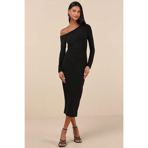 Lulus Vanel Black Slinky Knit Asymmetrical Midi Dress - Size XS